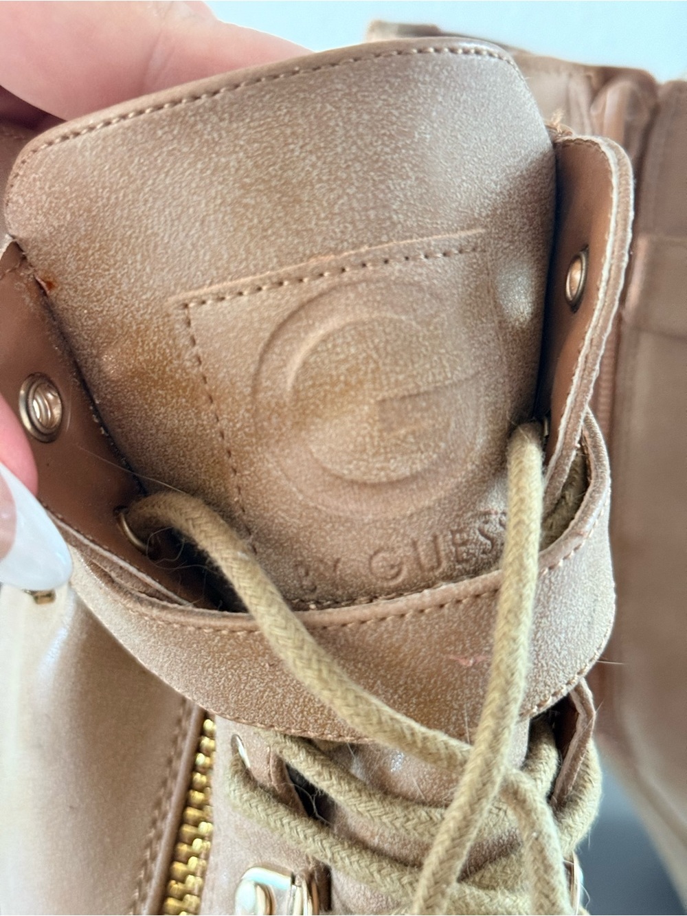 G by Guess Tan Lace-Up Block Heel Ankle Boot with Gold Buckle - Picture 2 of 6
